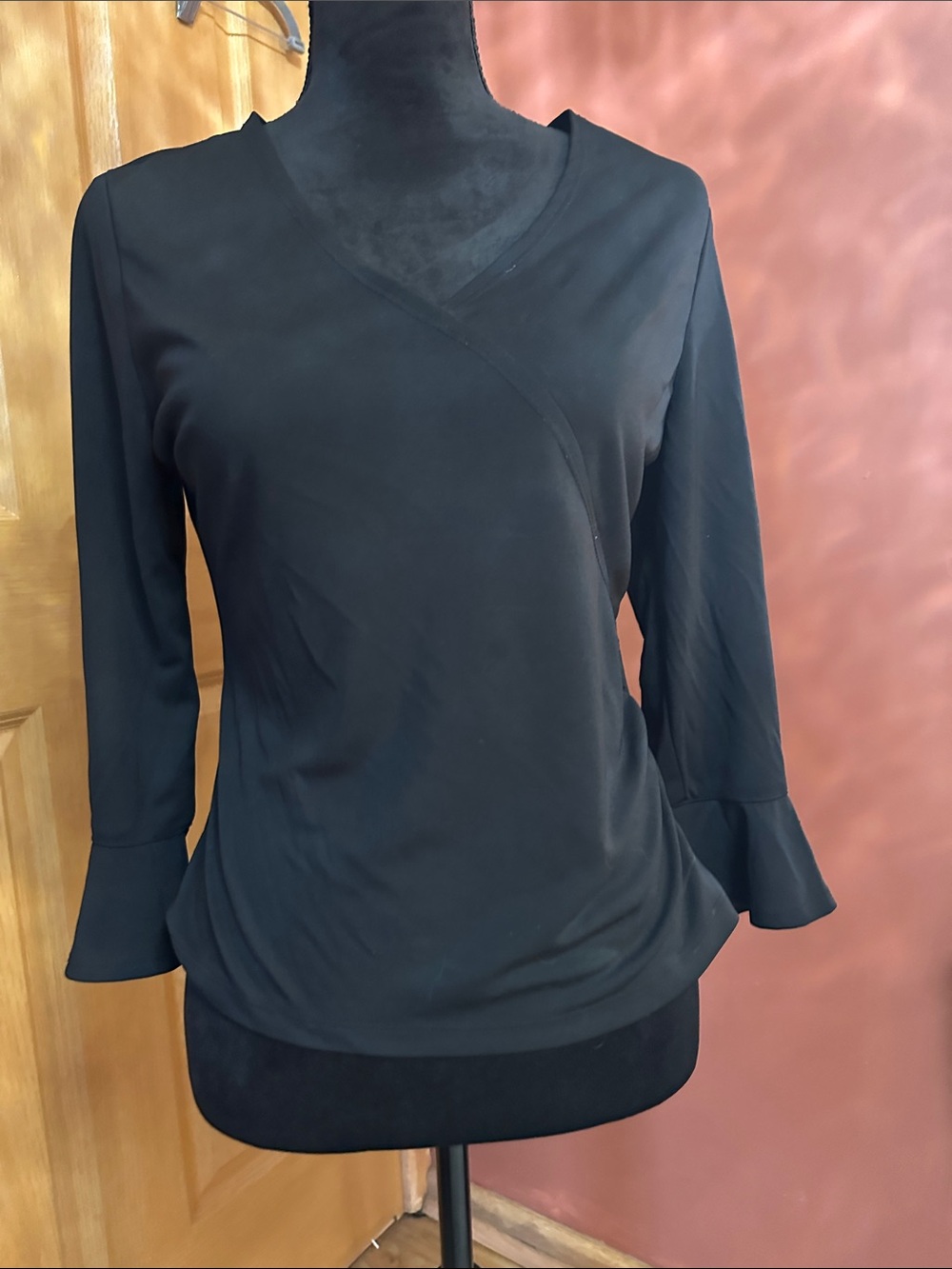 George Black V-Neck Faux-Wrap Long Sleeve Top